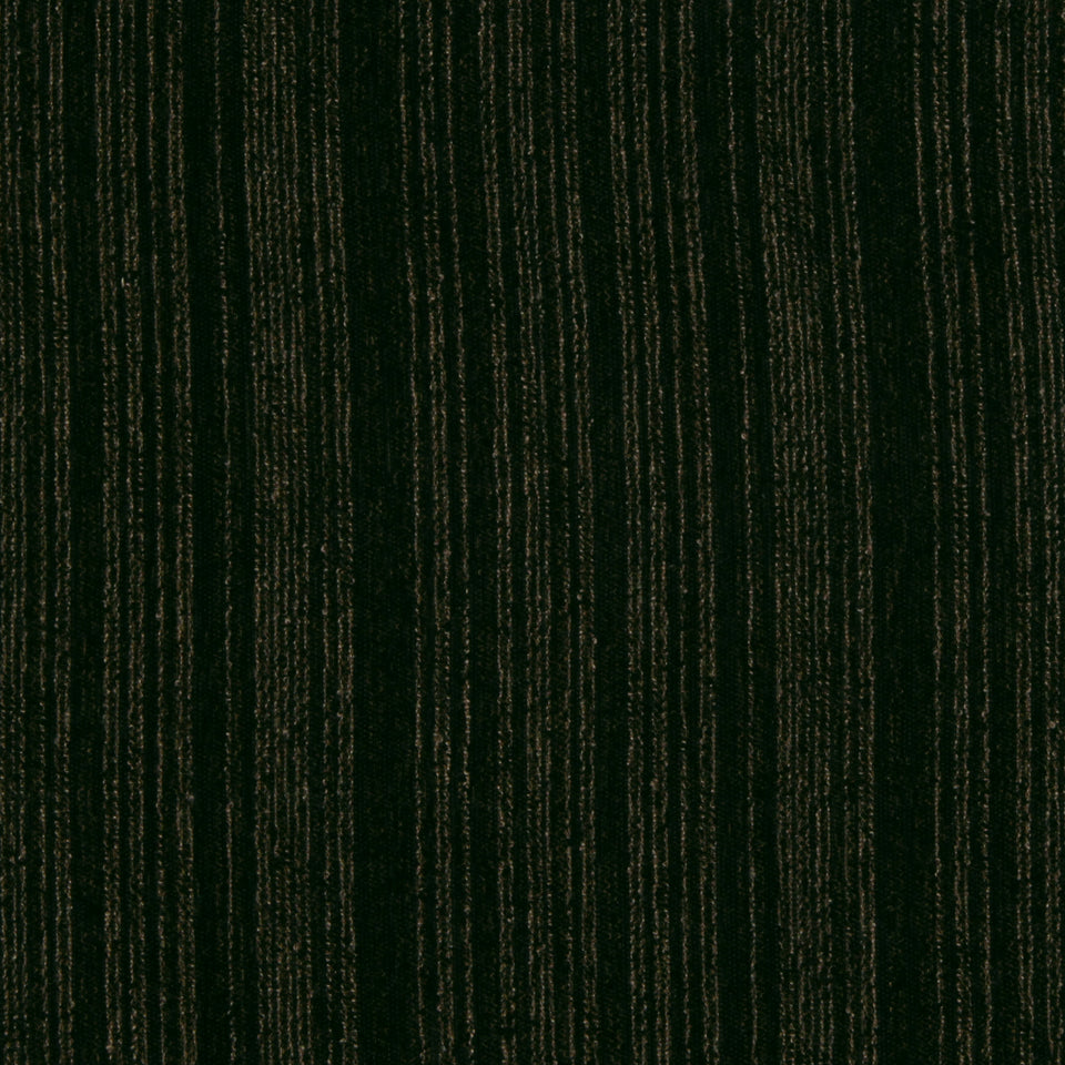 Dark green textured fabric with thin gold vertical pinstripes and a subtle metallic sheen.