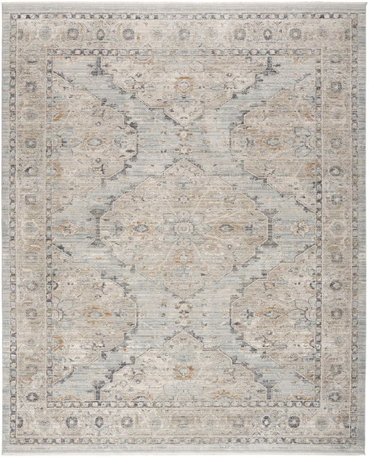 Rectangular distressed traditional area rug, 10' x 14', in pale blue, cream & gray with central medallion & floral border, vintage-inspired.