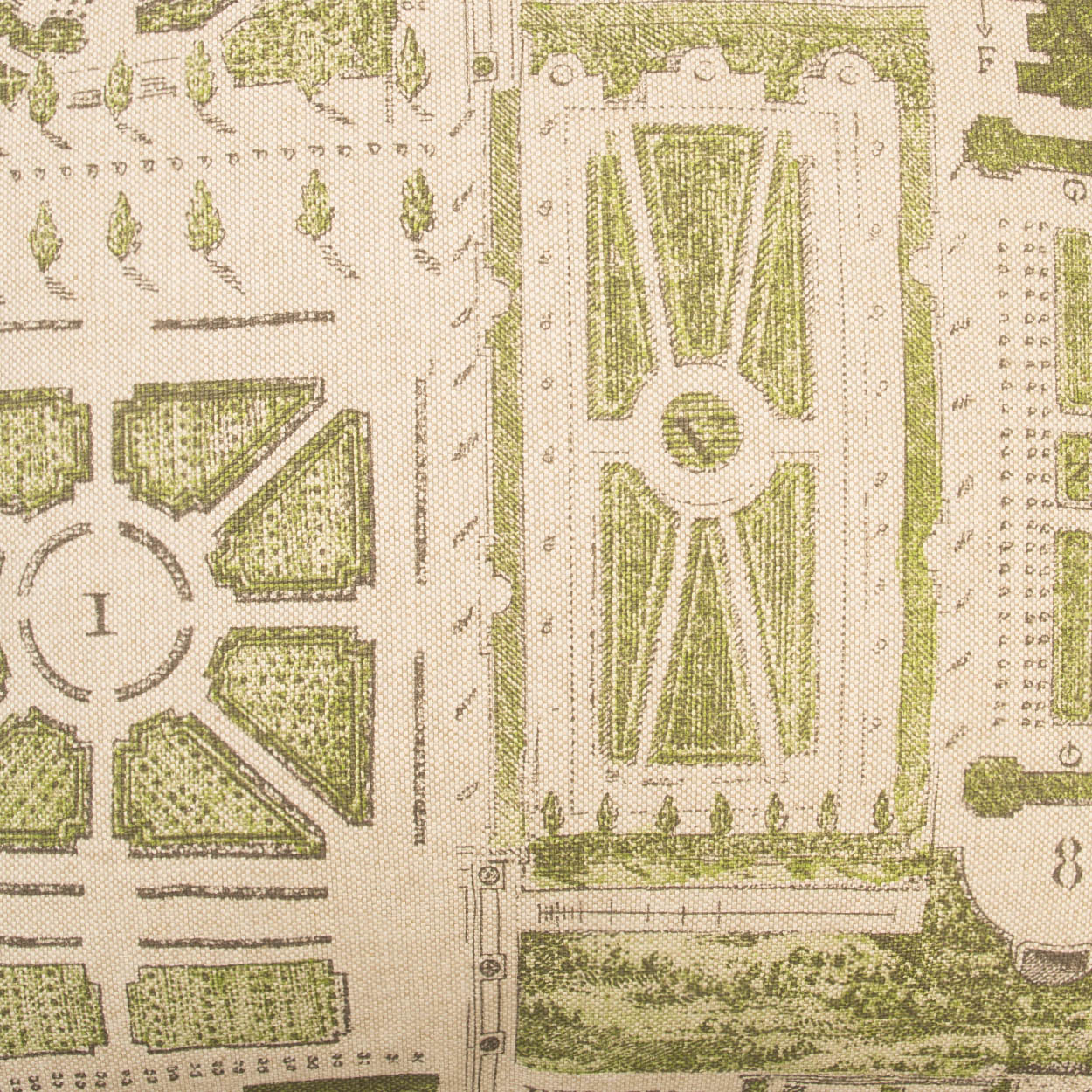 Olive-green architectural blueprint pattern on beige textured fabric; geometric vintage garden motifs for upholstery or decor.