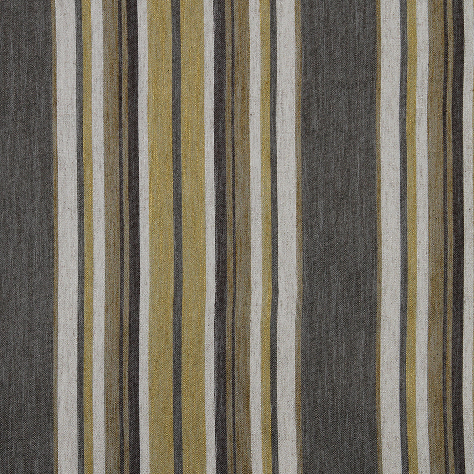 Vertical striped woven upholstery fabric in dark gray, beige, olive and mustard yellow tones.