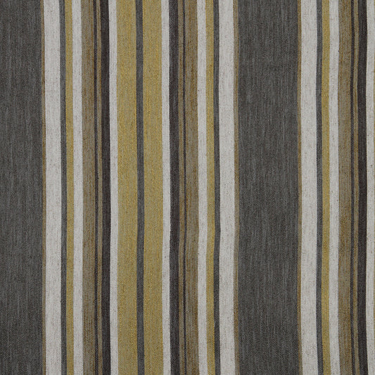 Vertical striped woven upholstery fabric in dark gray, beige, olive and mustard yellow tones.