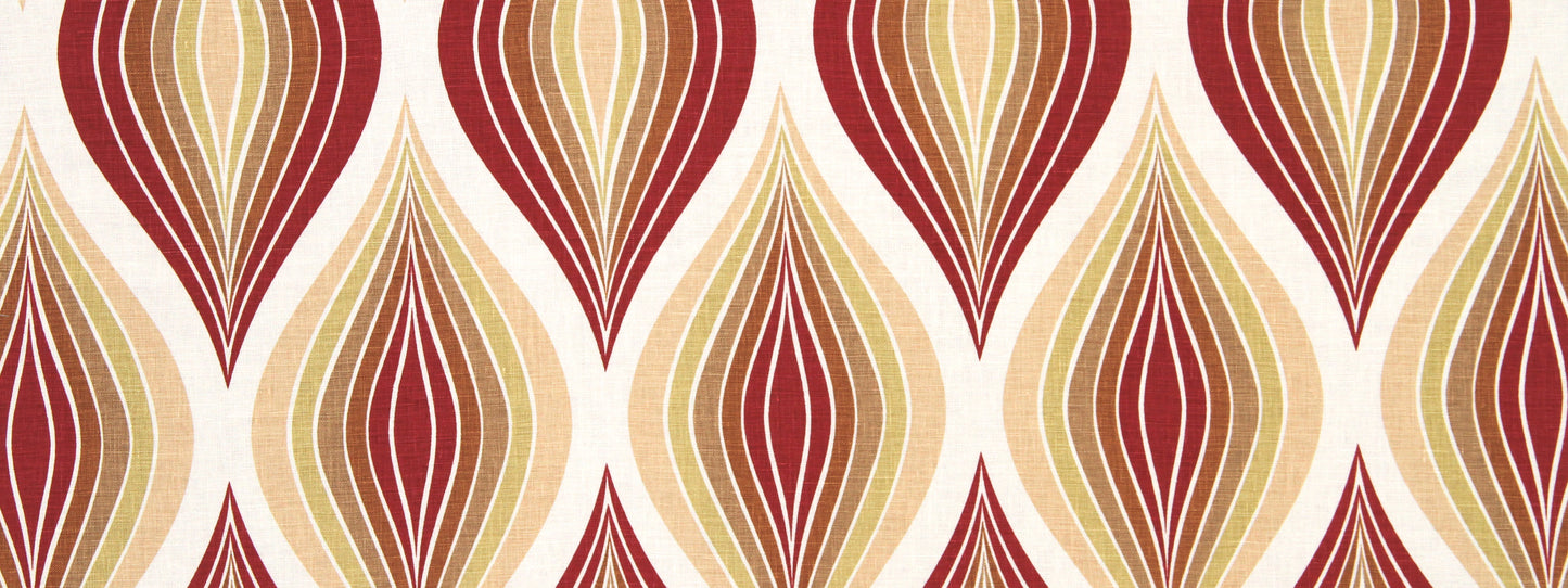 Teardrop-pattern wallpaper in warm maroon, gold and beige hues with elongated leaf shapes.