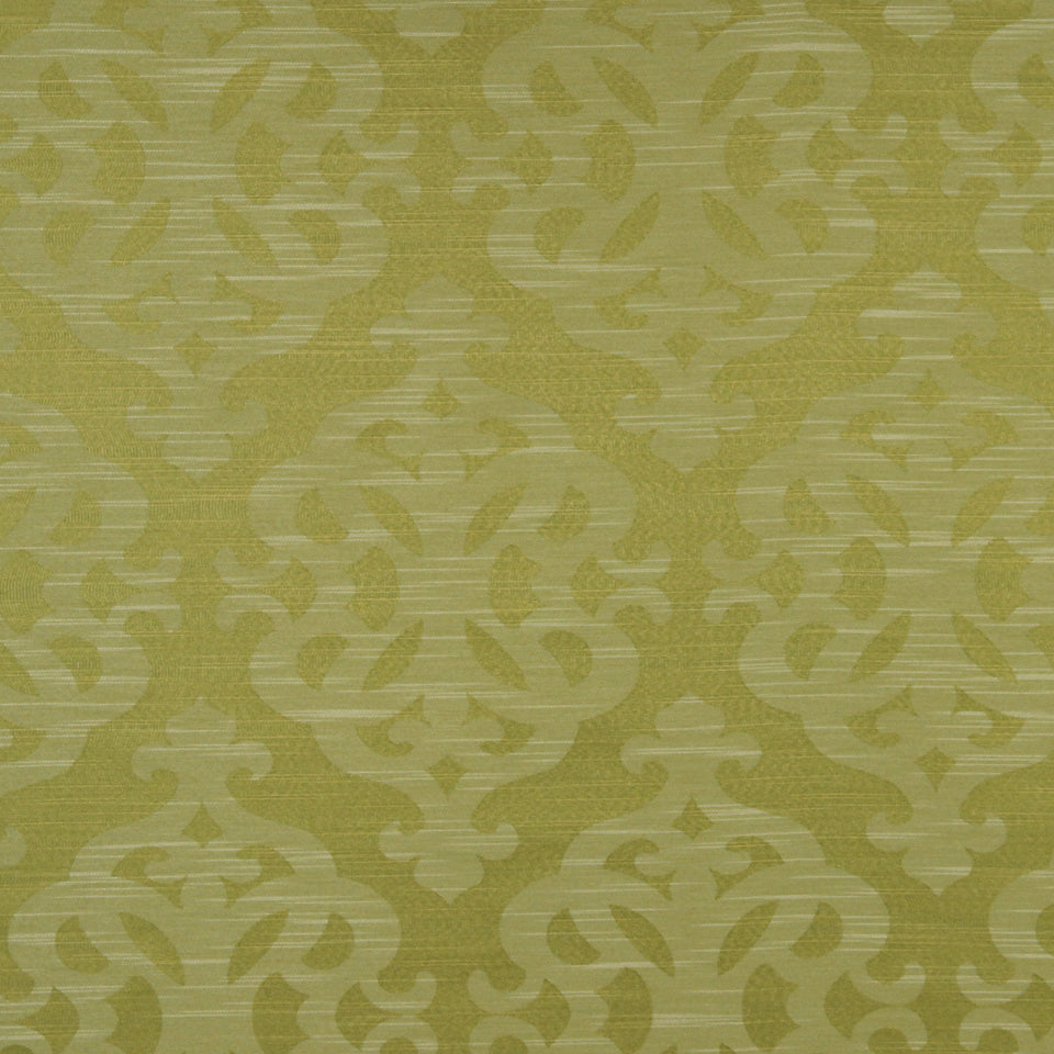 Olive-green fabric with gold-toned damask pattern and scrolling motifs.