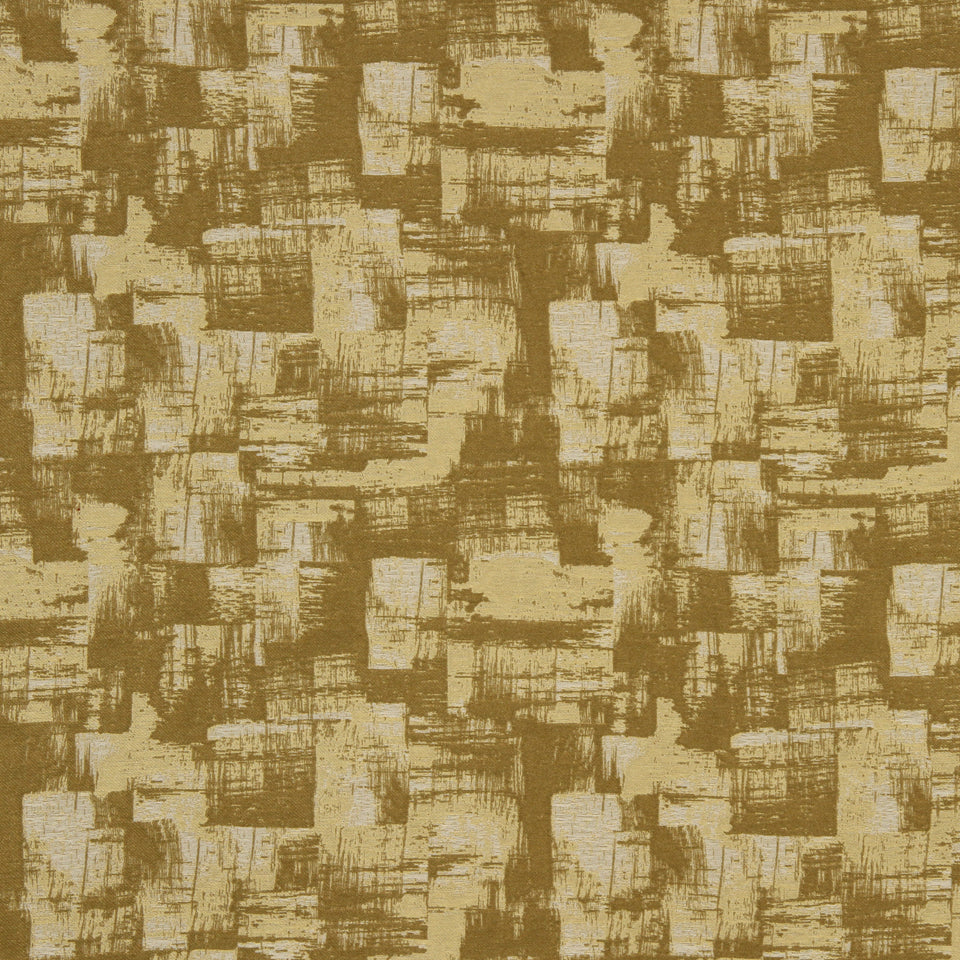 Brown and beige abstract brushstroke pattern with square blocks on upholstery fabric.