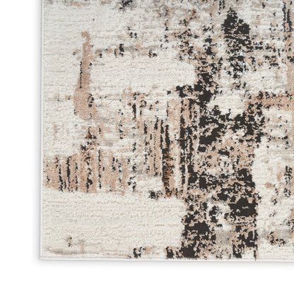 Rectangular 7' runner rug with cream, beige, taupe and black abstract distressed pattern; modern decor.