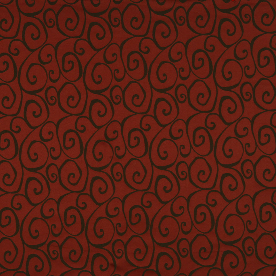 Red background with black continuous spiral scroll pattern, repeating damask-like motifs.