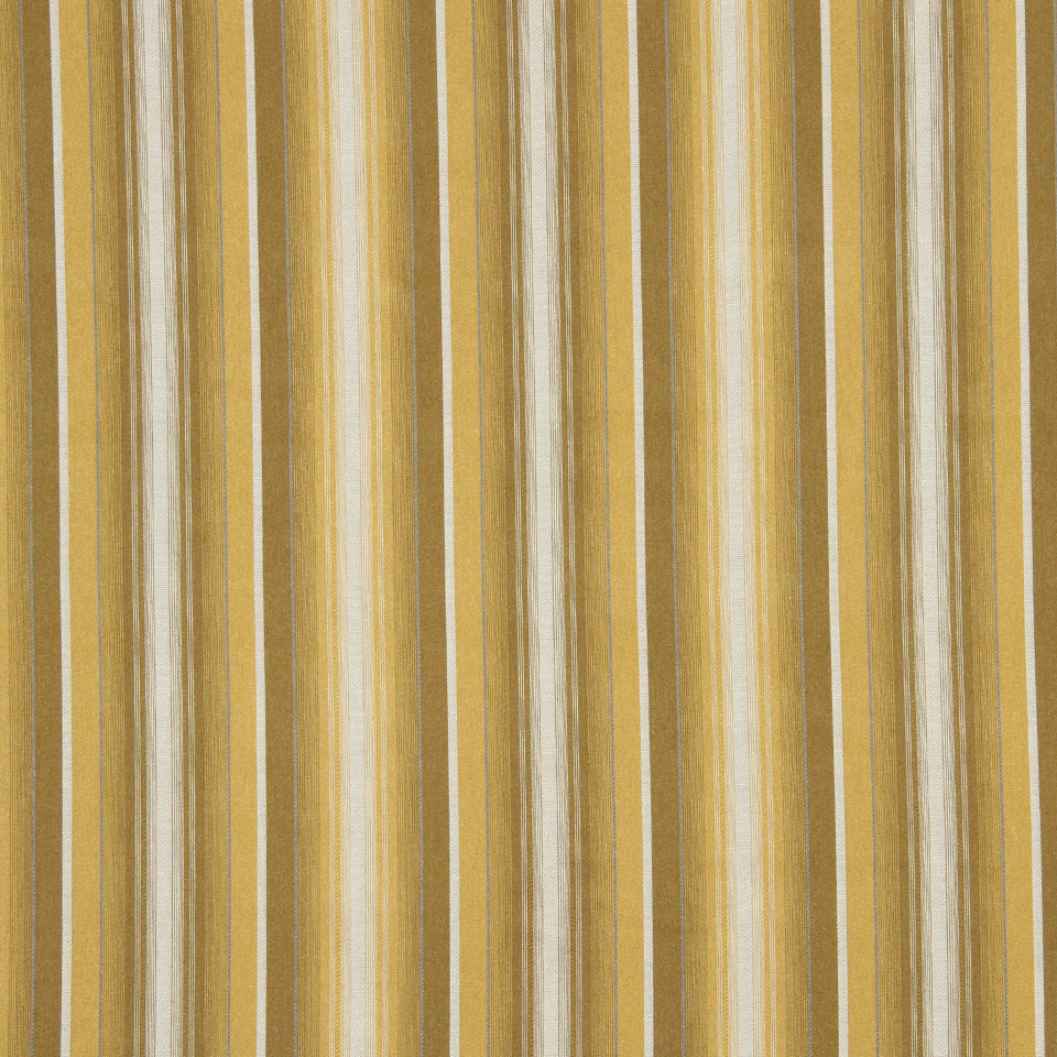 Vertical striped upholstery fabric in gold, mustard, white and taupe with textured, painterly stripes.