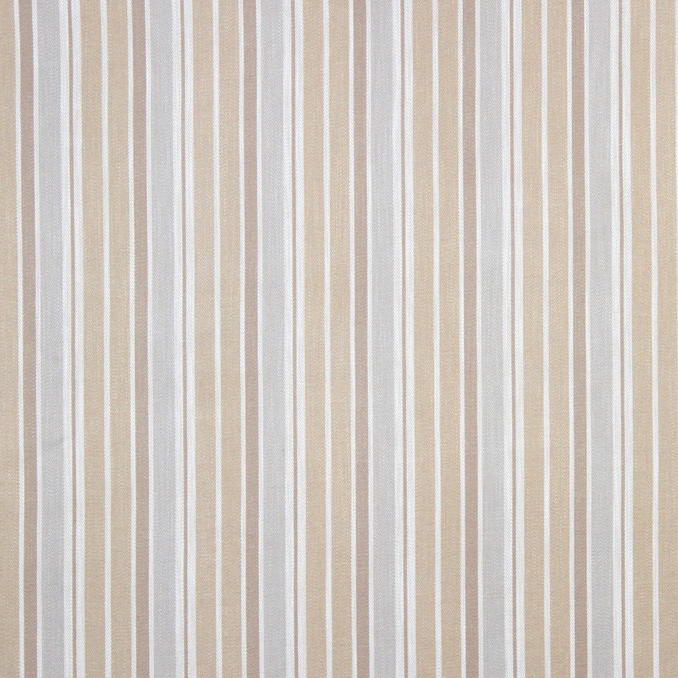Vertical striped fabric in beige, tan, white and gray; woven texture, suitable for upholstery or drapery.