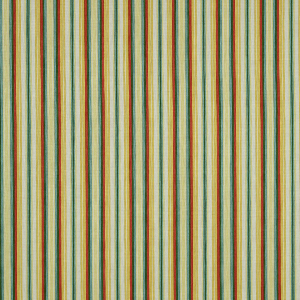 Vertical multicolor stripe pattern with yellow, cream, teal, blue and red stripes; retro textile or wallpaper style.