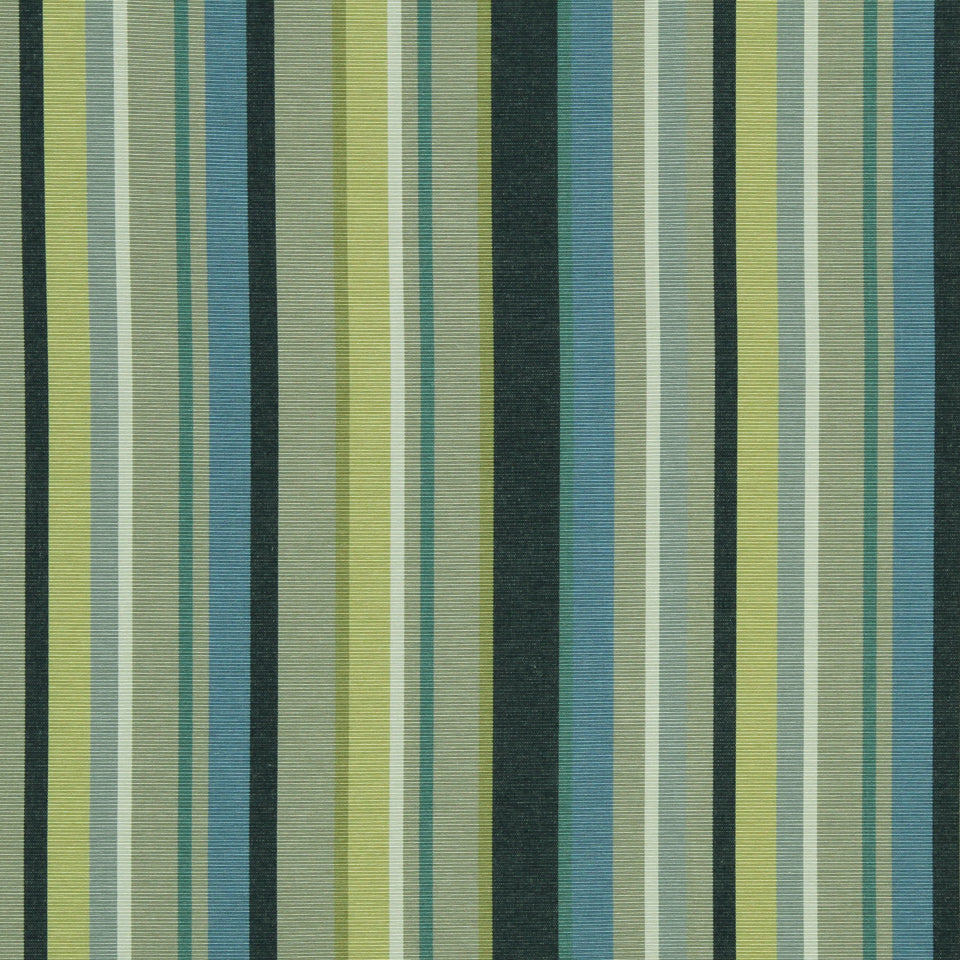 Woven striped fabric swatch with vertical bands in greens, blues, teal and gray; suitable for upholstery or curtains.