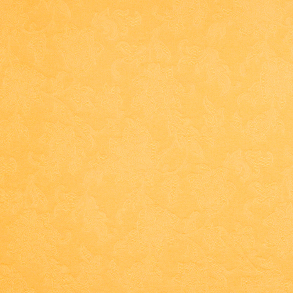 Yellow-orange damask-patterned fabric texture with subtle floral motifs.