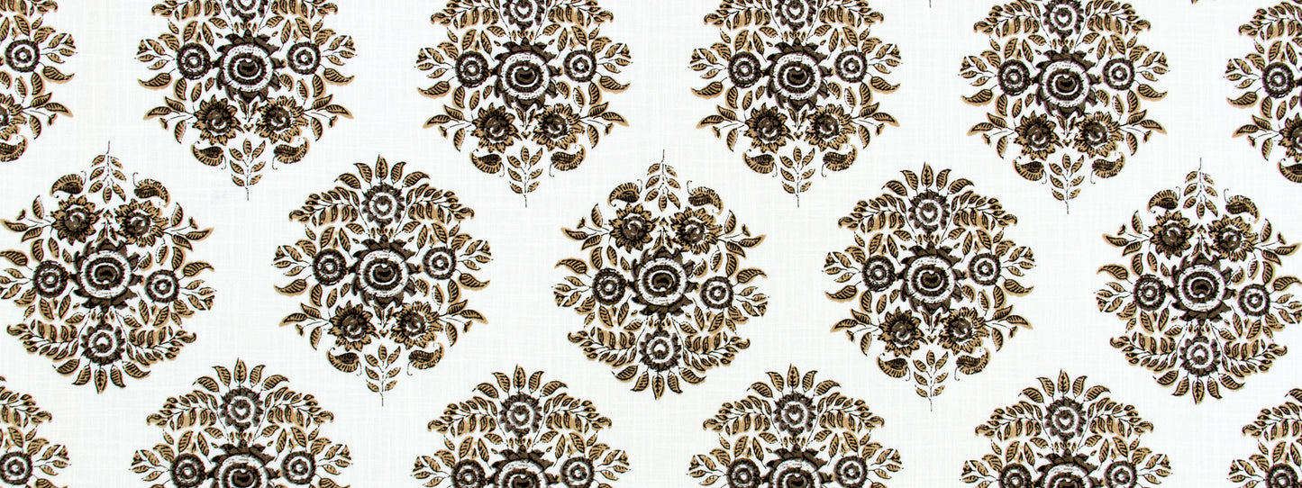 Brown and gold damask floral medallion repeating pattern on cream background; elegant wallpaper or fabric motif.