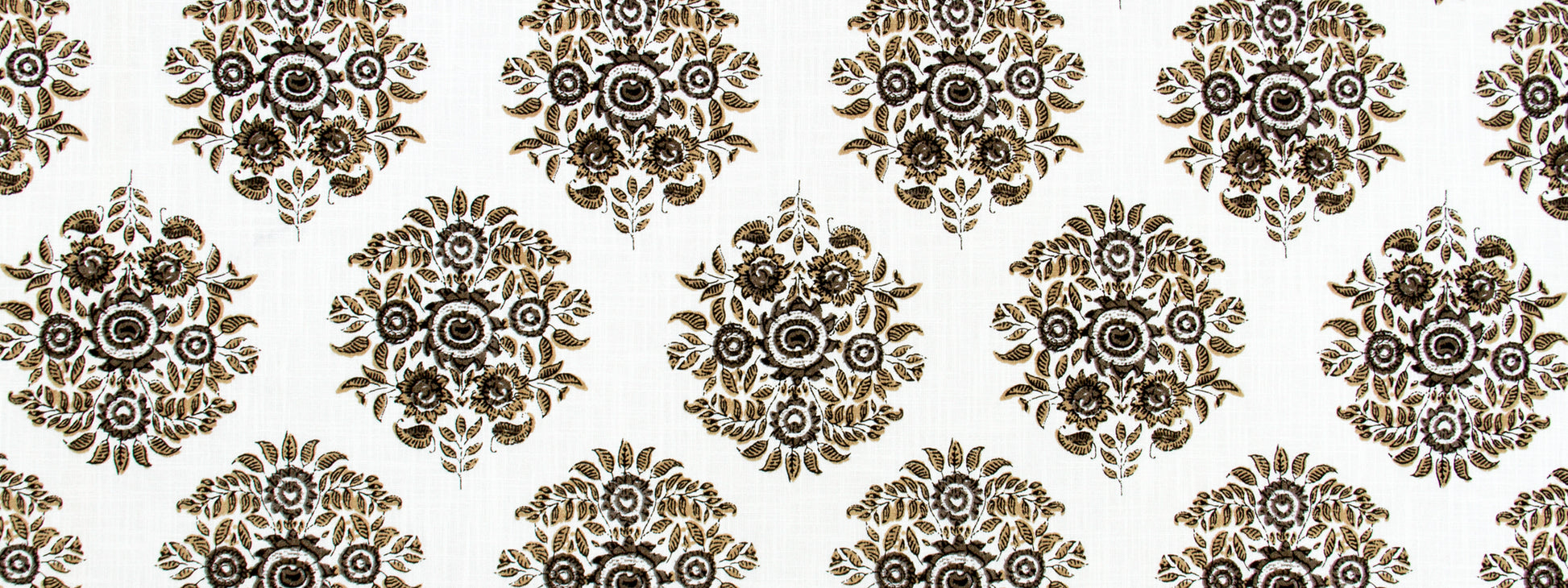 Brown and gold damask floral medallion repeating pattern on cream background; elegant wallpaper or fabric motif.