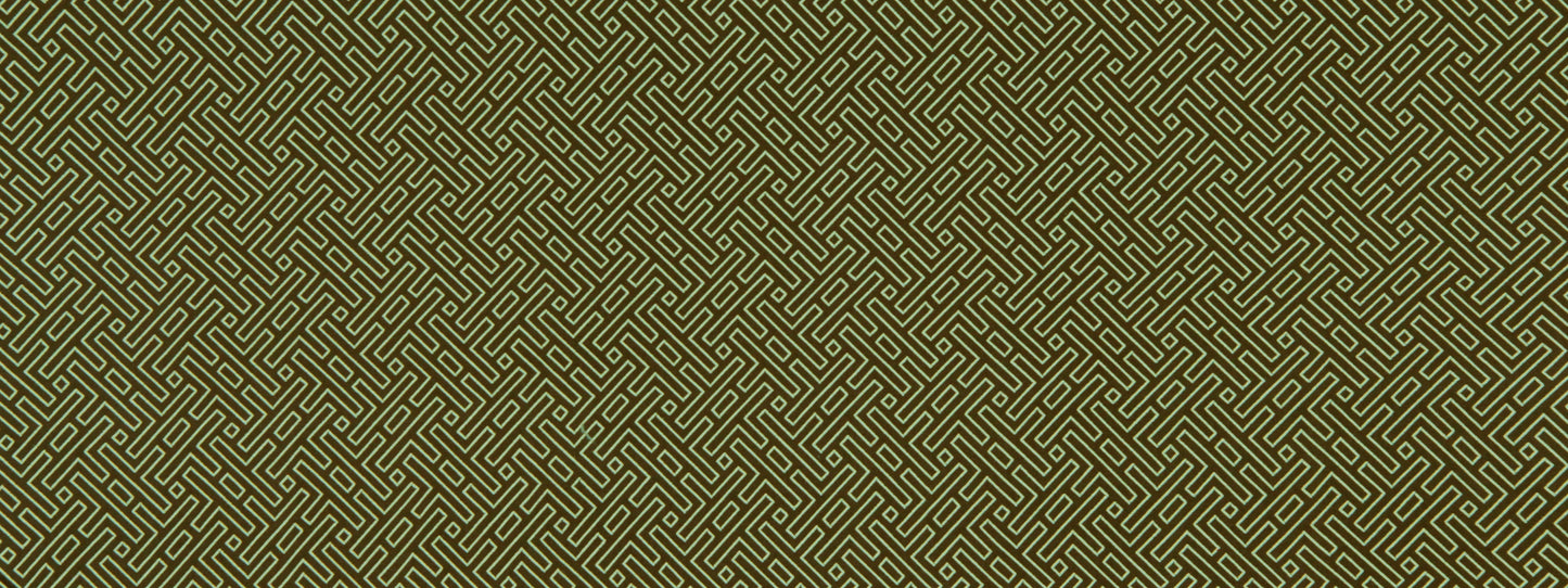 Gold interlocking lattice pattern on deep green textile texture.