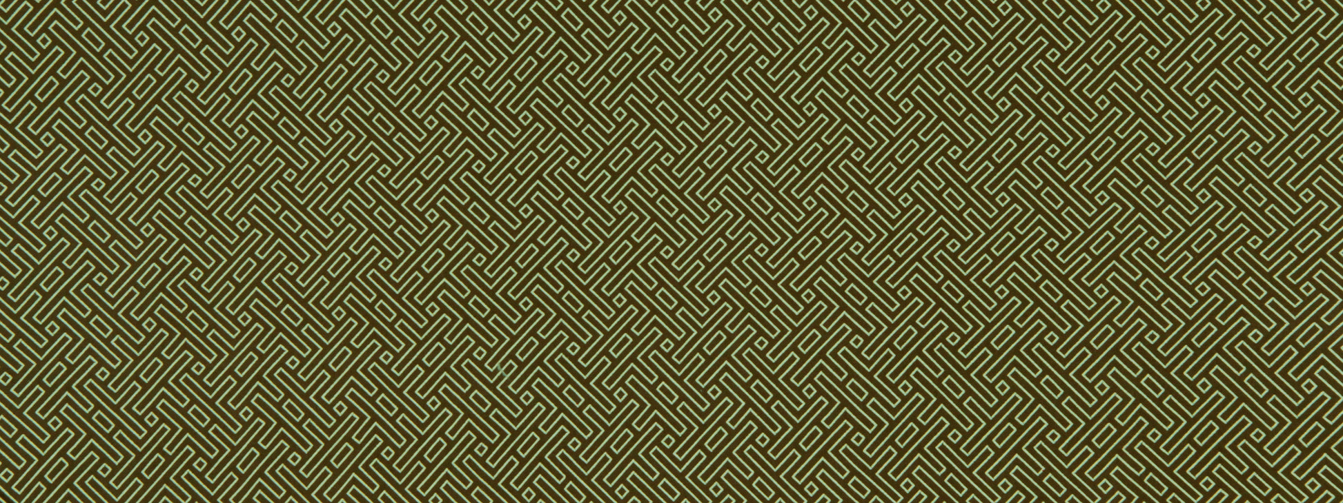 Gold interlocking lattice pattern on deep green textile texture.