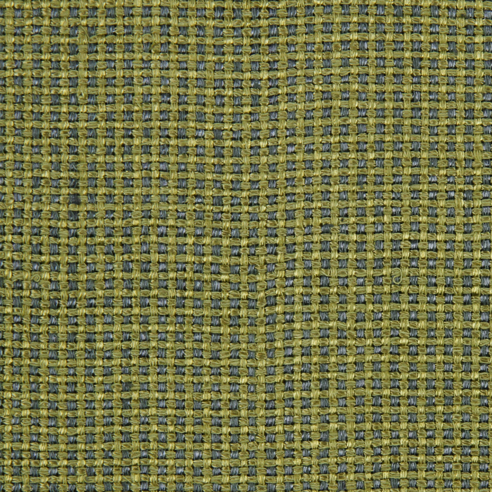 Olive-yellow and blue-gray tweed upholstery fabric with a tight grid weave and textured surface.