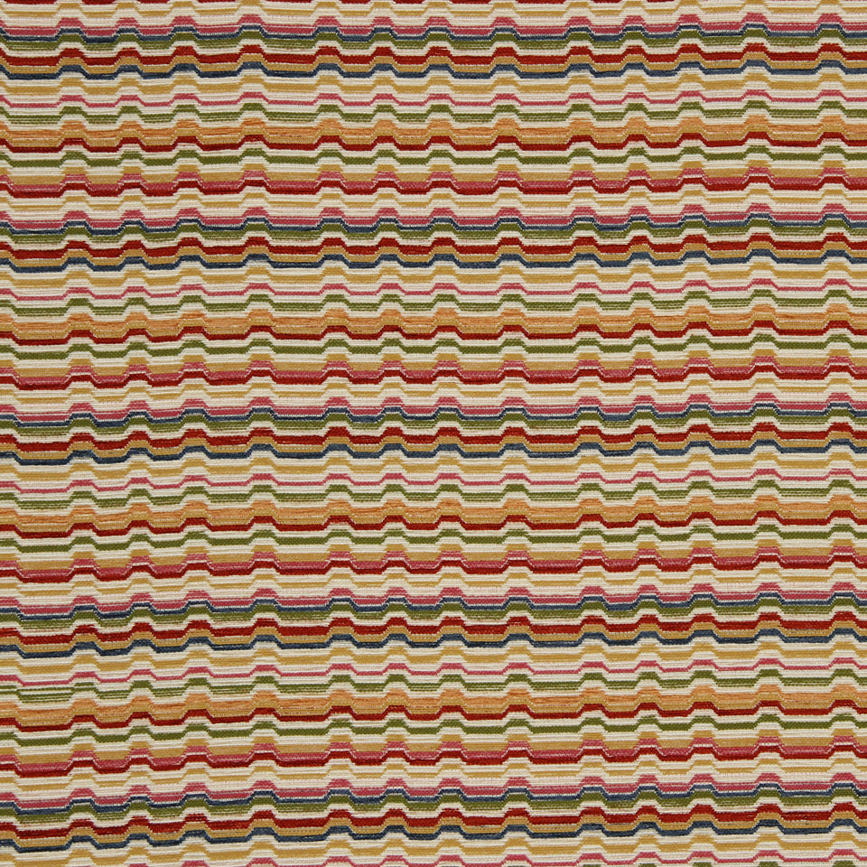 Multicolor zigzag chevron stripe woven fabric swatch in warm beige with red, blue, green and brown threads.