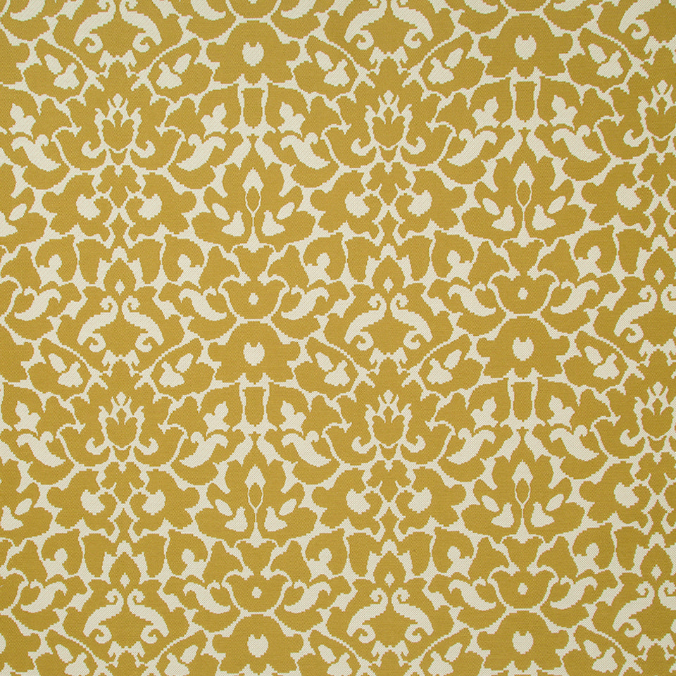 Gold damask pattern on pale beige background; ornate floral motifs for upholstery fabric.