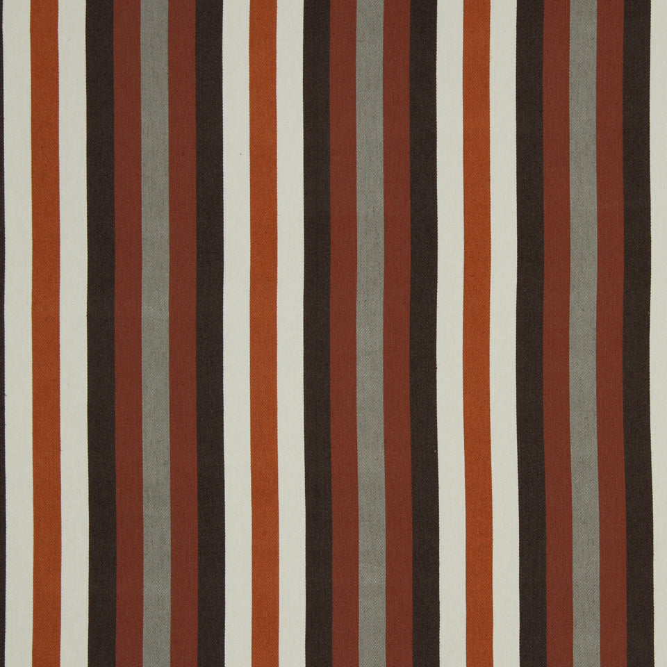 Vertical striped fabric pattern in orange, brown, gray, black and white; retro textile for upholstery.