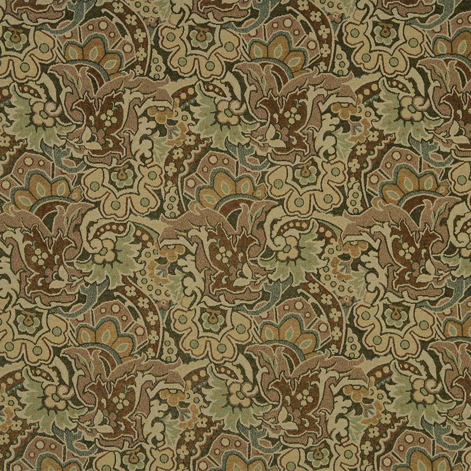 Amber upholstery fabric with a paisley-damask weave; decorative woven textile.