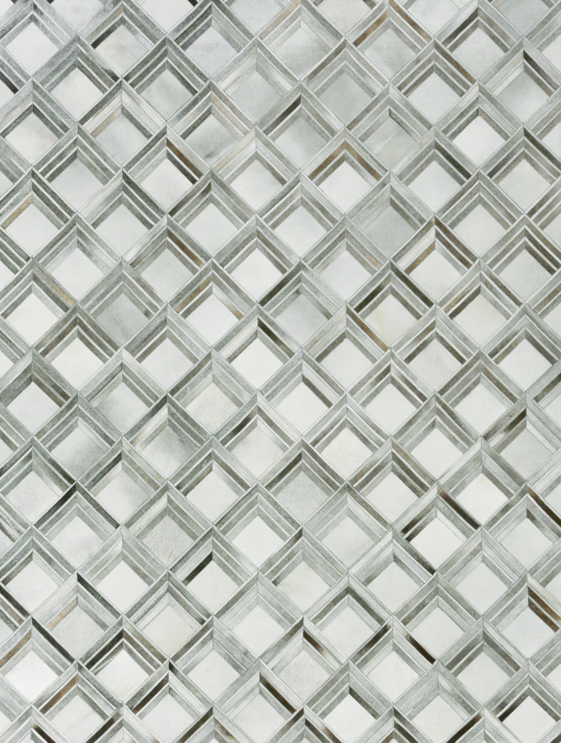 Natural hide indoor rug with hand-stitched detailing; 5' x 8'.