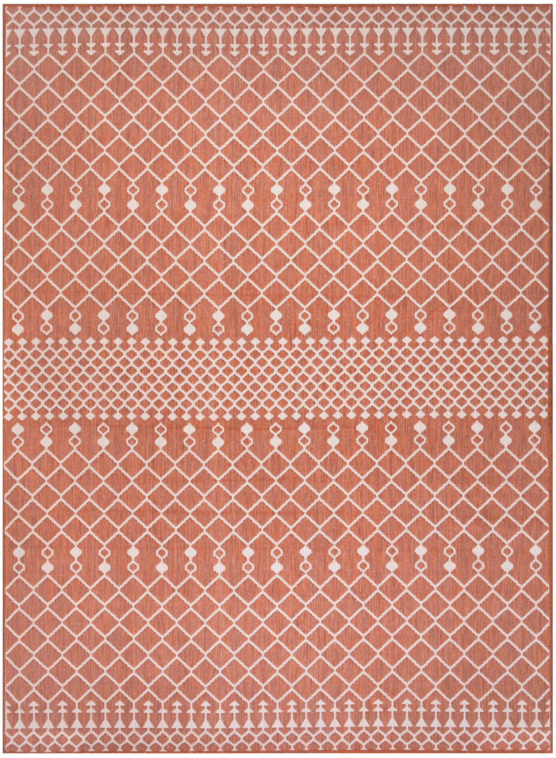 Terracotta rectangular rug with white geometric lattice diamonds and dotted borders; boho Moroccan-inspired living room rug.