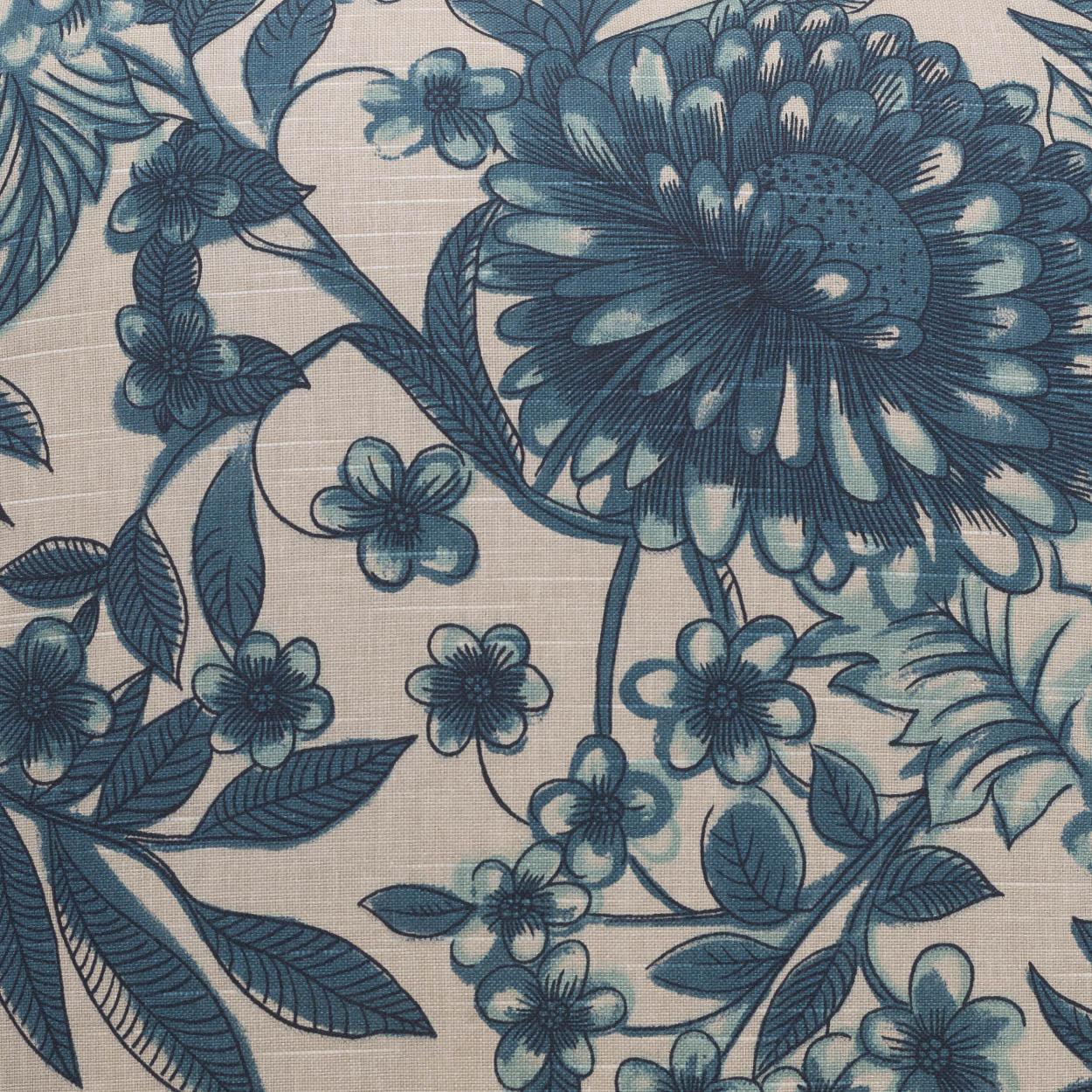 Blue floral fabric with large peony-like bloom, small blossoms & vines on a beige linen-style background.