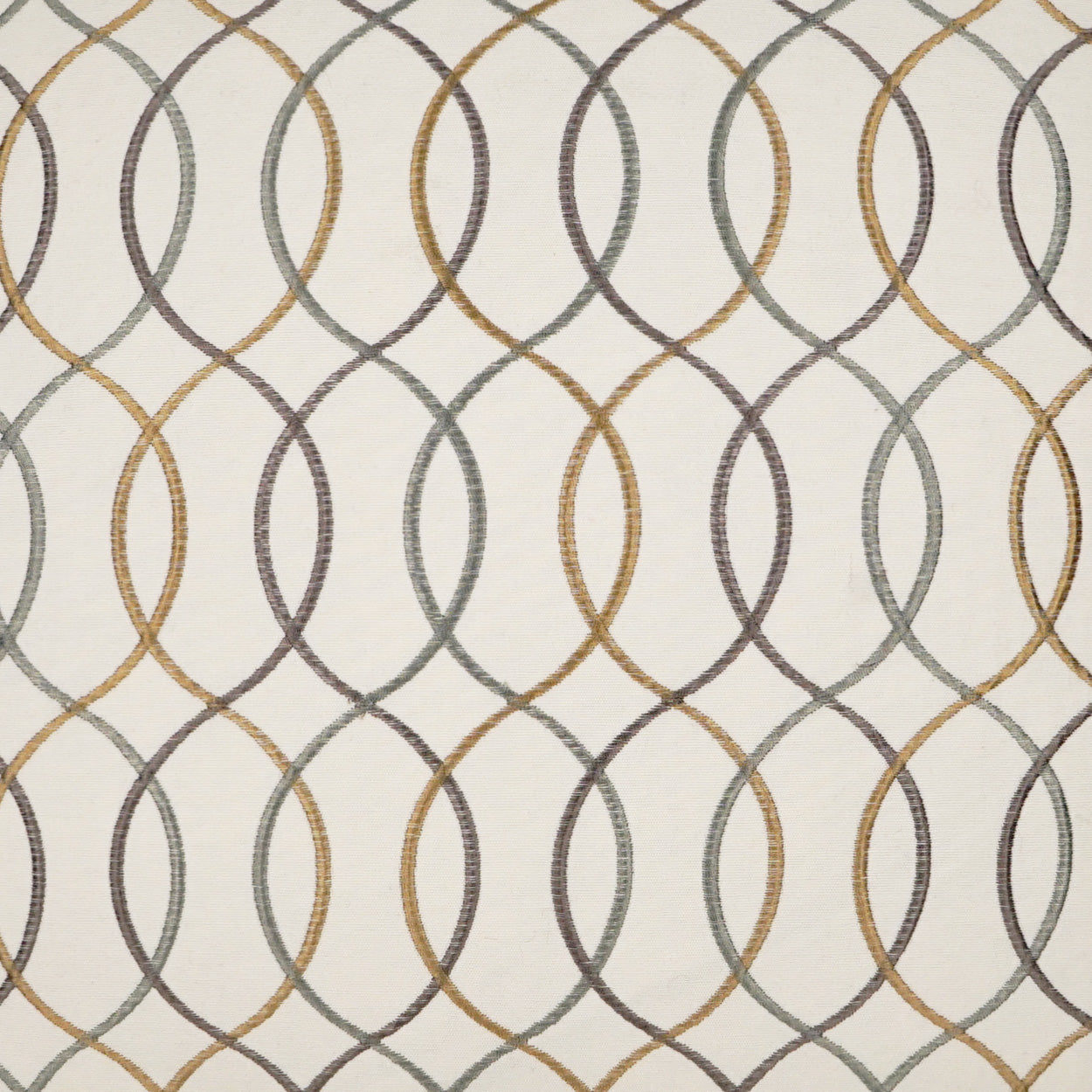 Fabric with repeating interlocking oval rings in gold and gray on light ivory background.
