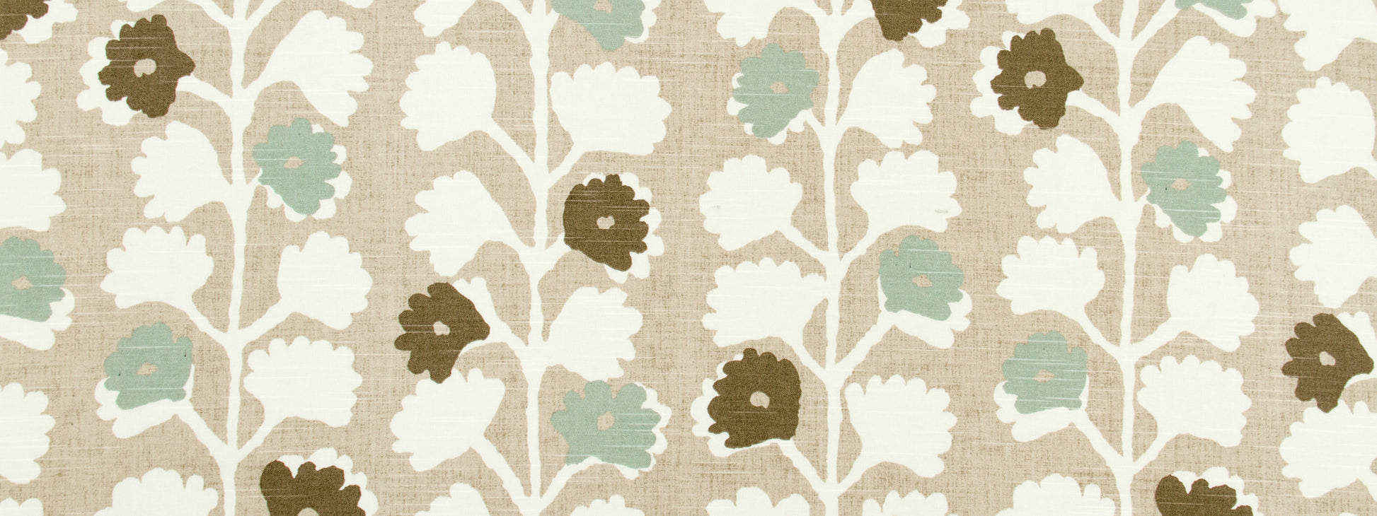 Beige damask floral pattern with white leaves and teal and brown blossoms on twisting vines; fabric/wallpaper style.