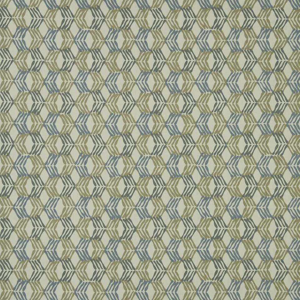 Fabric with interlocking hexagon lattice in blue and olive on beige background; geometric upholstery textile.