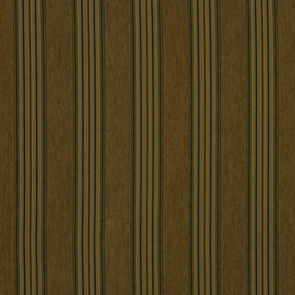 Brown striped upholstery fabric with tan and dark vertical stripes, rustic vintage-style textile.