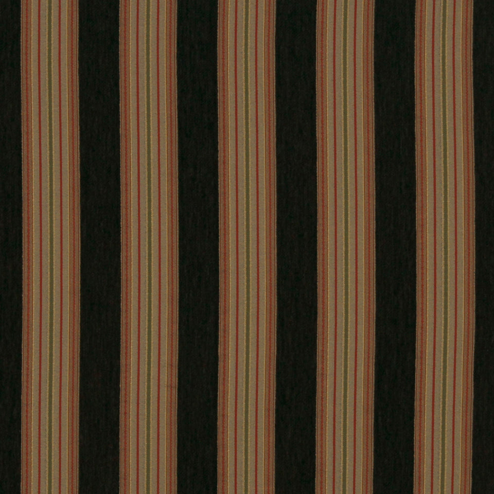 Vertical striped pattern with bold black bands and narrow tan, red, and green stripes; vintage upholstery fabric style.