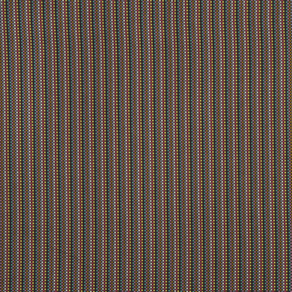 Close-up of a woven fabric with a narrow multicolor block pattern on a dark base.