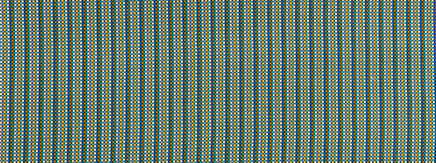 Close-up of blue-green block-pattern woven fabric with fine texture and yellow accents.