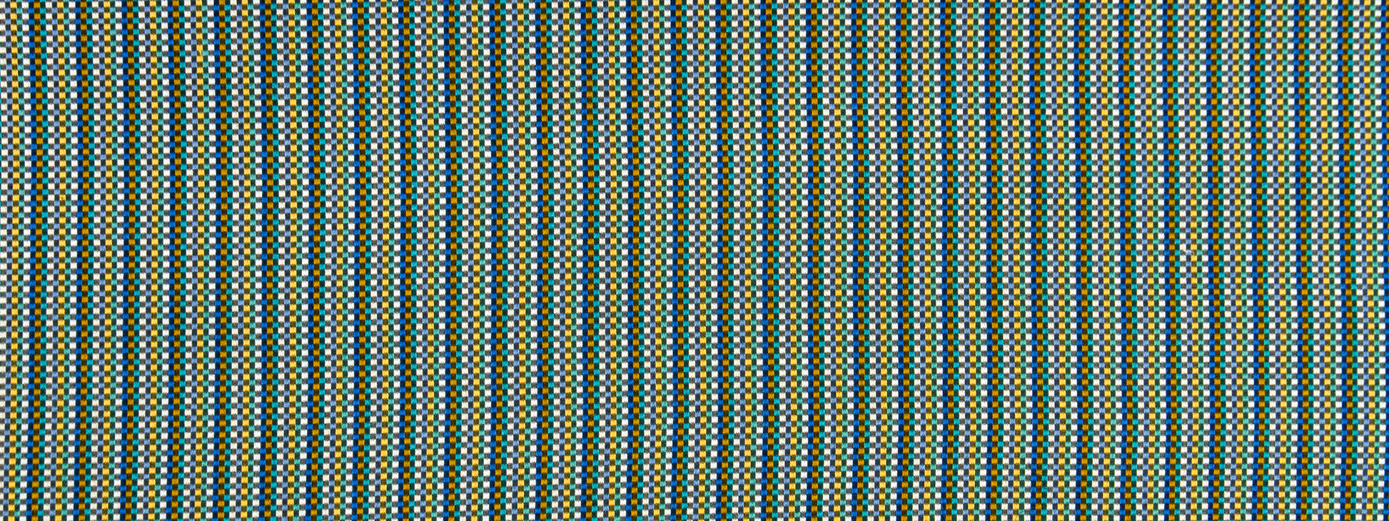Close-up of blue-green block-pattern woven fabric with fine texture and yellow accents.
