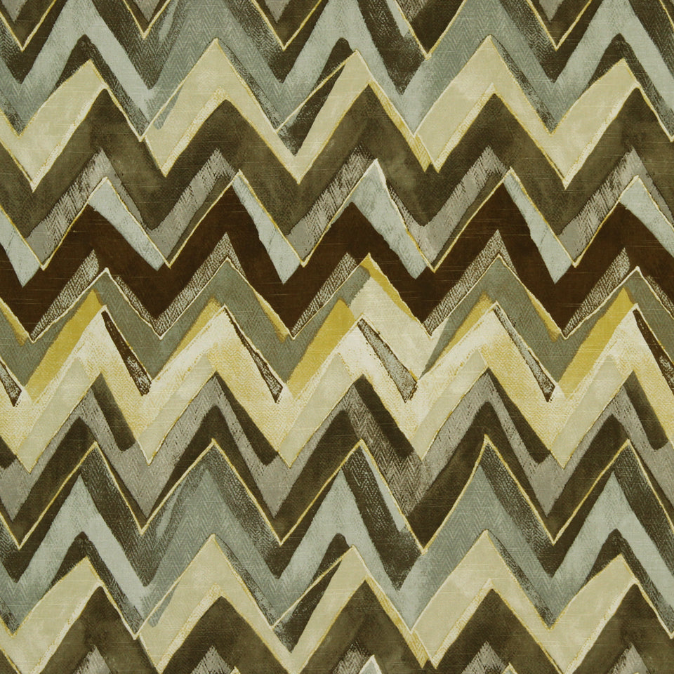 Earth-tone chevron zigzag fabric pattern in olive, beige, gray and brown; boho mid-century textile.