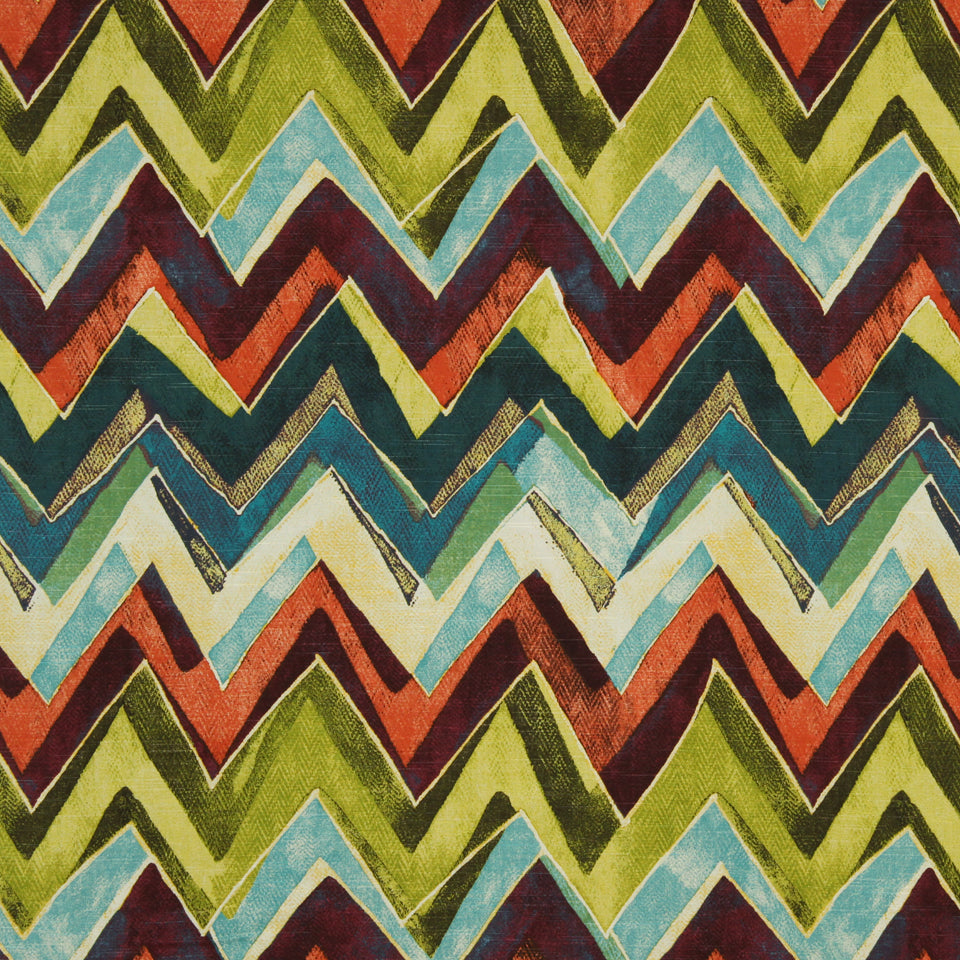 Boho zigzag chevron fabric in lime, olive, teal, red, orange, navy and cream hues; colorful decorative textile.