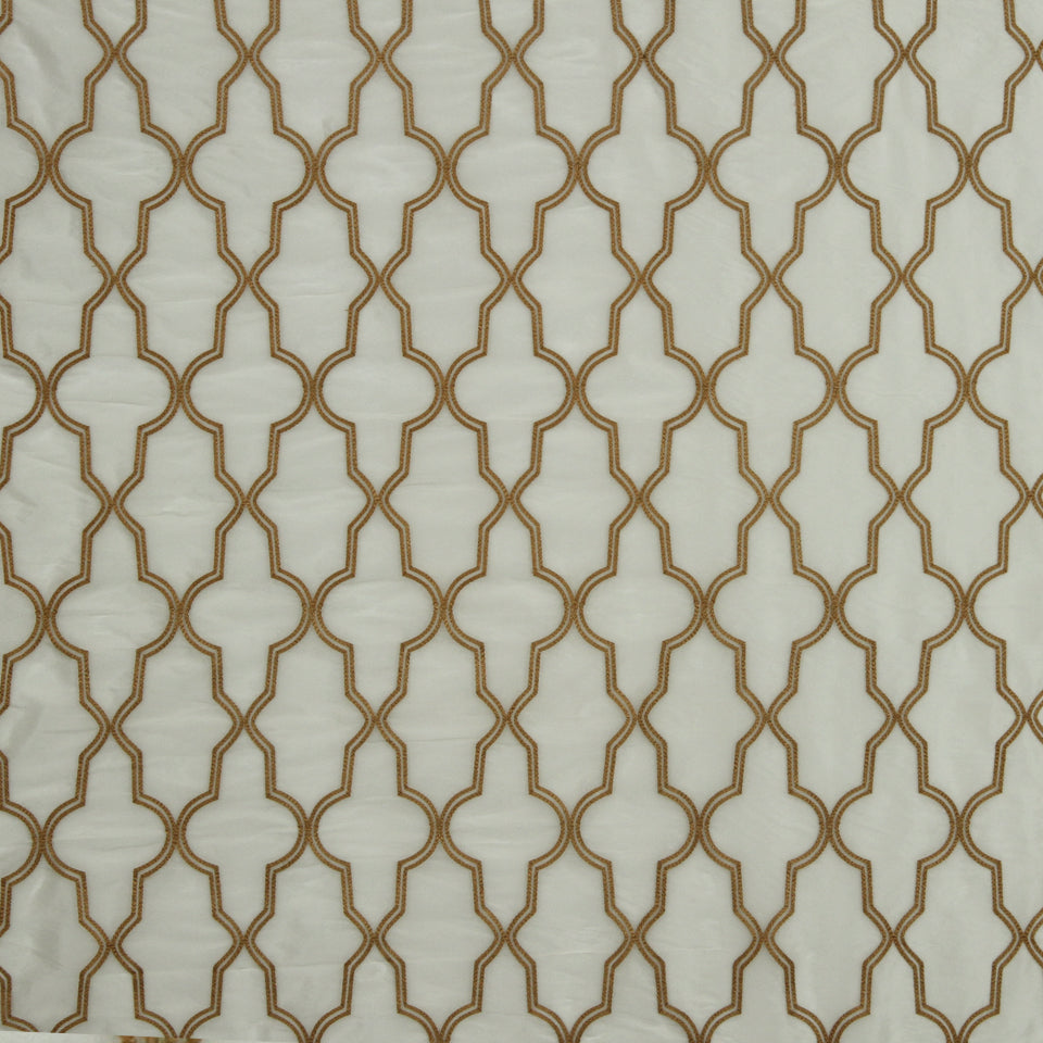 Cream fabric with a gold lattice trellis pattern, Moroccan-inspired geometric Elegant Frame design for upholstery.