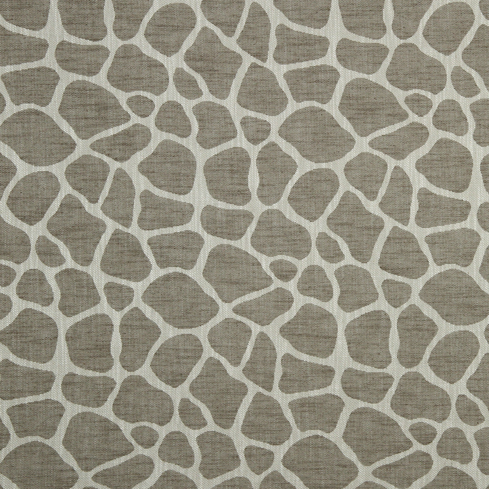 Beige linen-textured fabric with irregular white pebble mosaic pattern.