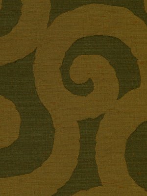 Olive green and bronze damask swirl motif on woven fabric.