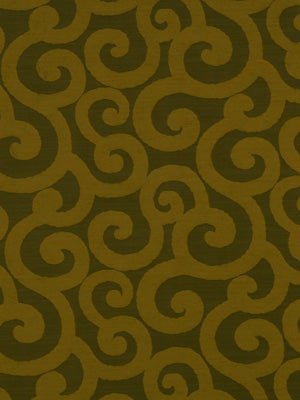 Olive fabric with repeating gold scroll pattern of curled spirals, decorative upholstery textile.