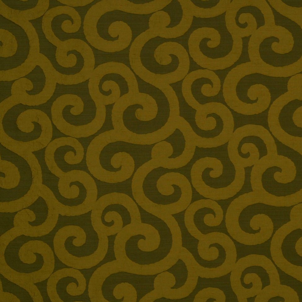 Olive green fabric with gold scroll damask pattern; decorative upholstery or wallpaper texture.