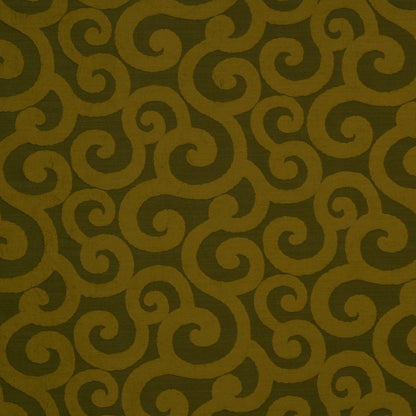 Olive green fabric with gold scroll damask pattern; decorative upholstery or wallpaper texture.
