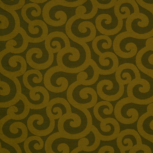 Olive green fabric with gold scroll damask pattern; decorative upholstery or wallpaper texture.