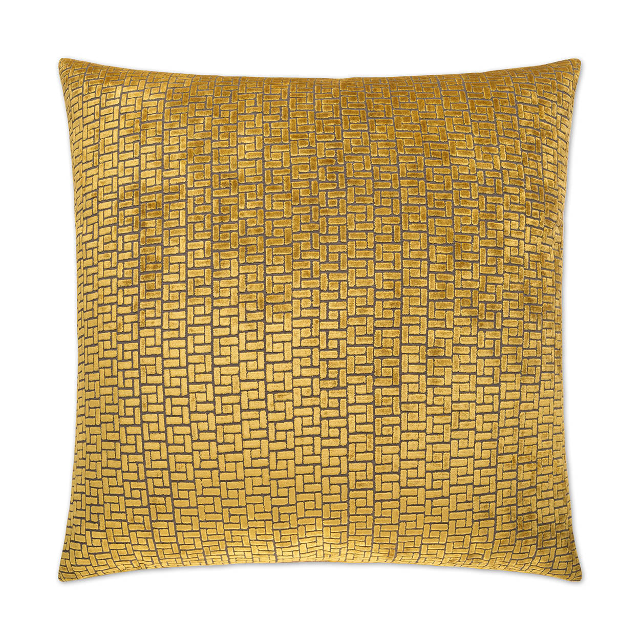 Gold square decorative pillow with metallic geometric lattice pattern, velvet-like fabric for sofa decor.