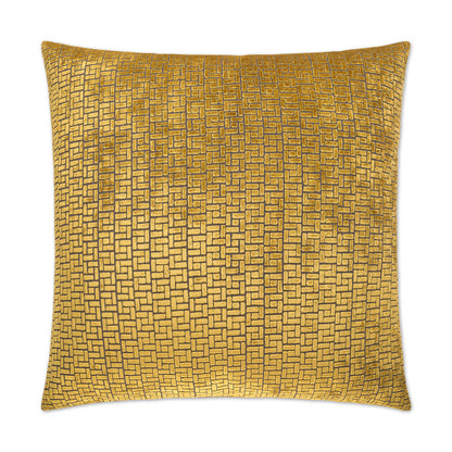 Gold square decorative pillow with metallic geometric lattice pattern, velvet-like fabric for sofa decor.