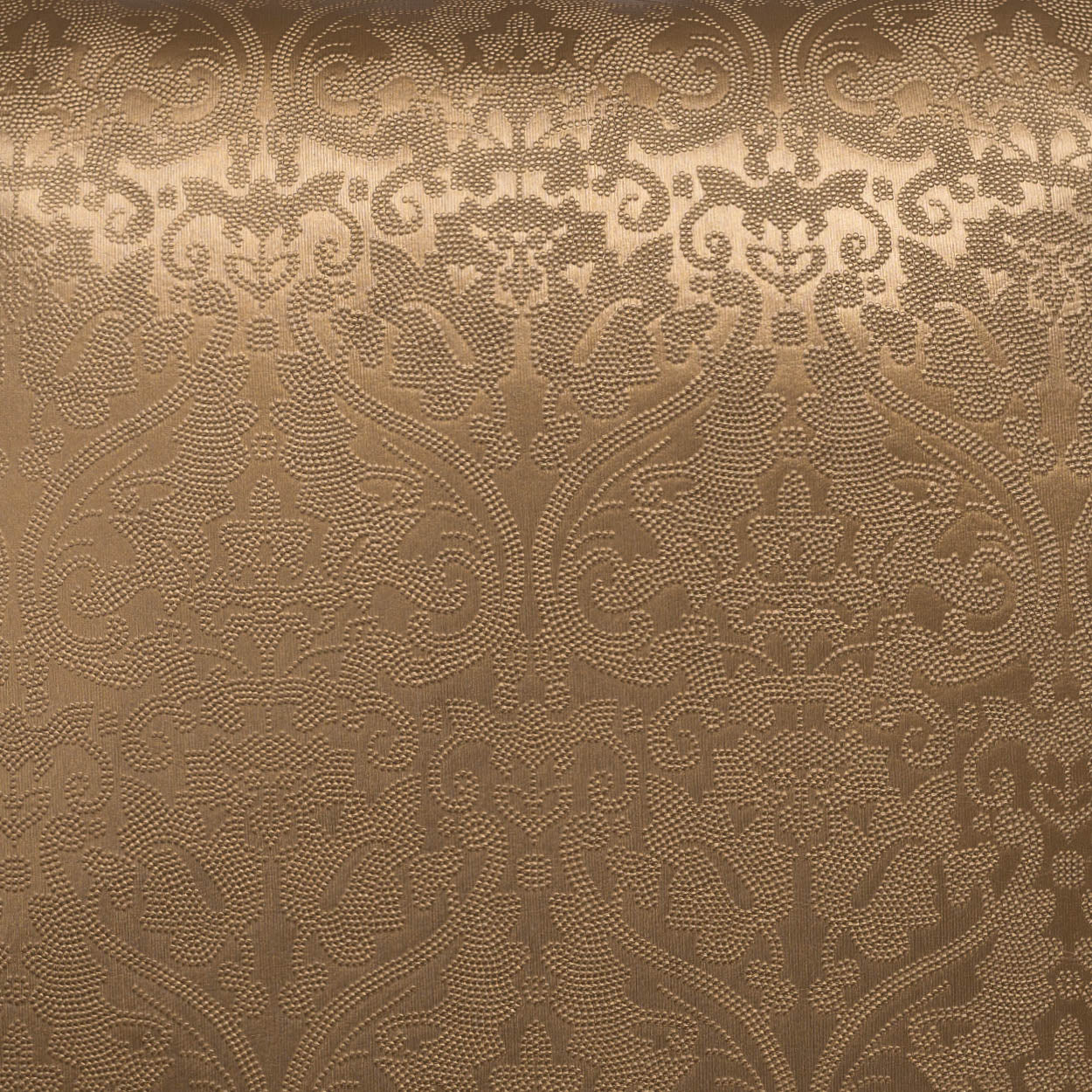 Brown damask upholstery fabric with ornate scrolling floral pattern in beige-gold tones.
