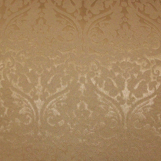 Beige damask fabric with ornate scrolling floral pattern; woven, elegant upholstery textile.