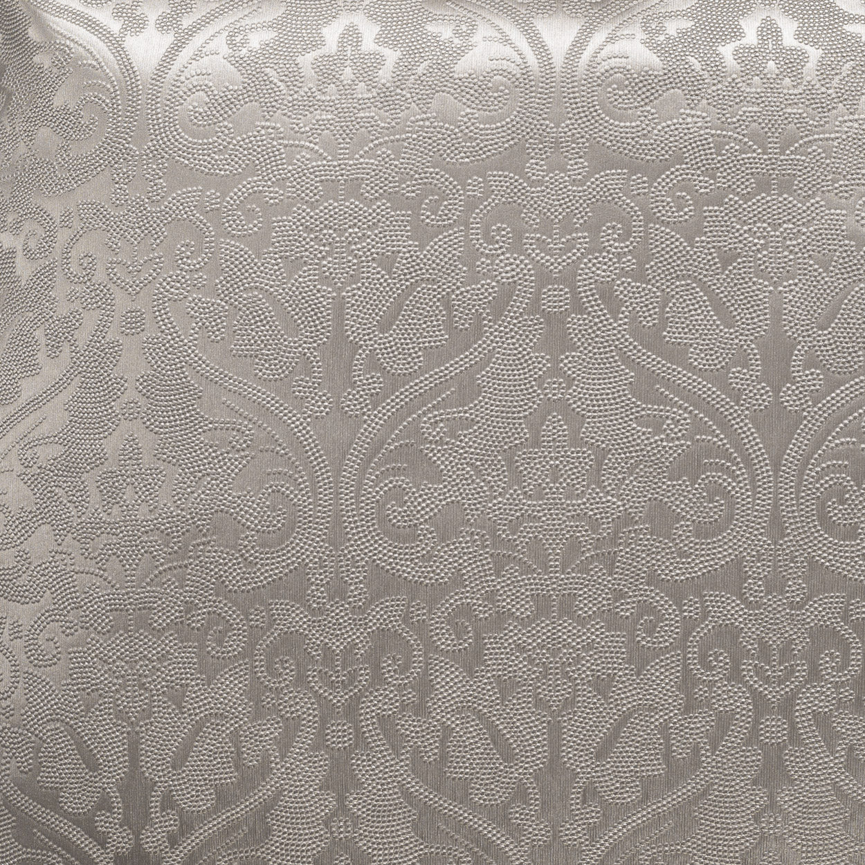 Gray damask jacquard fabric with ornate scrolling floral pattern; elegant upholstery or drapery textile.