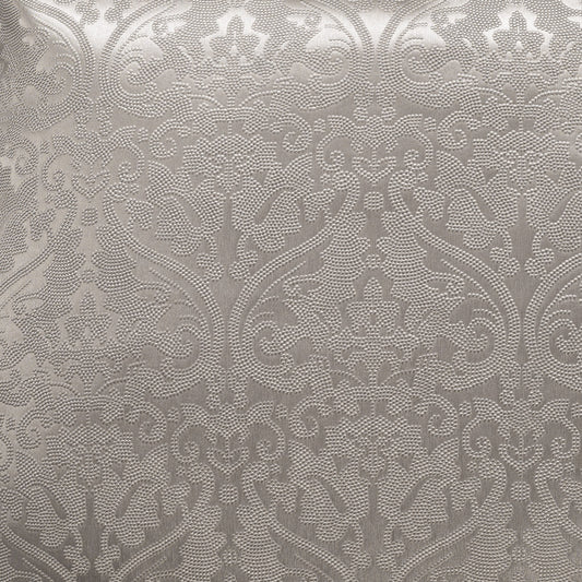 Gray damask jacquard fabric with ornate scrolling floral pattern; elegant upholstery or drapery textile.